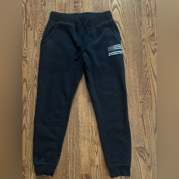 iBlanks Black Fleece Joggers Thin Blue Line Flag Sweatpants Size Small - Picture 2 of 5